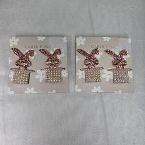 New Carole Inc. Jeweled Bunny-in-hat Pink Rhinestone/faux Pearl Earrings. 2 Pair